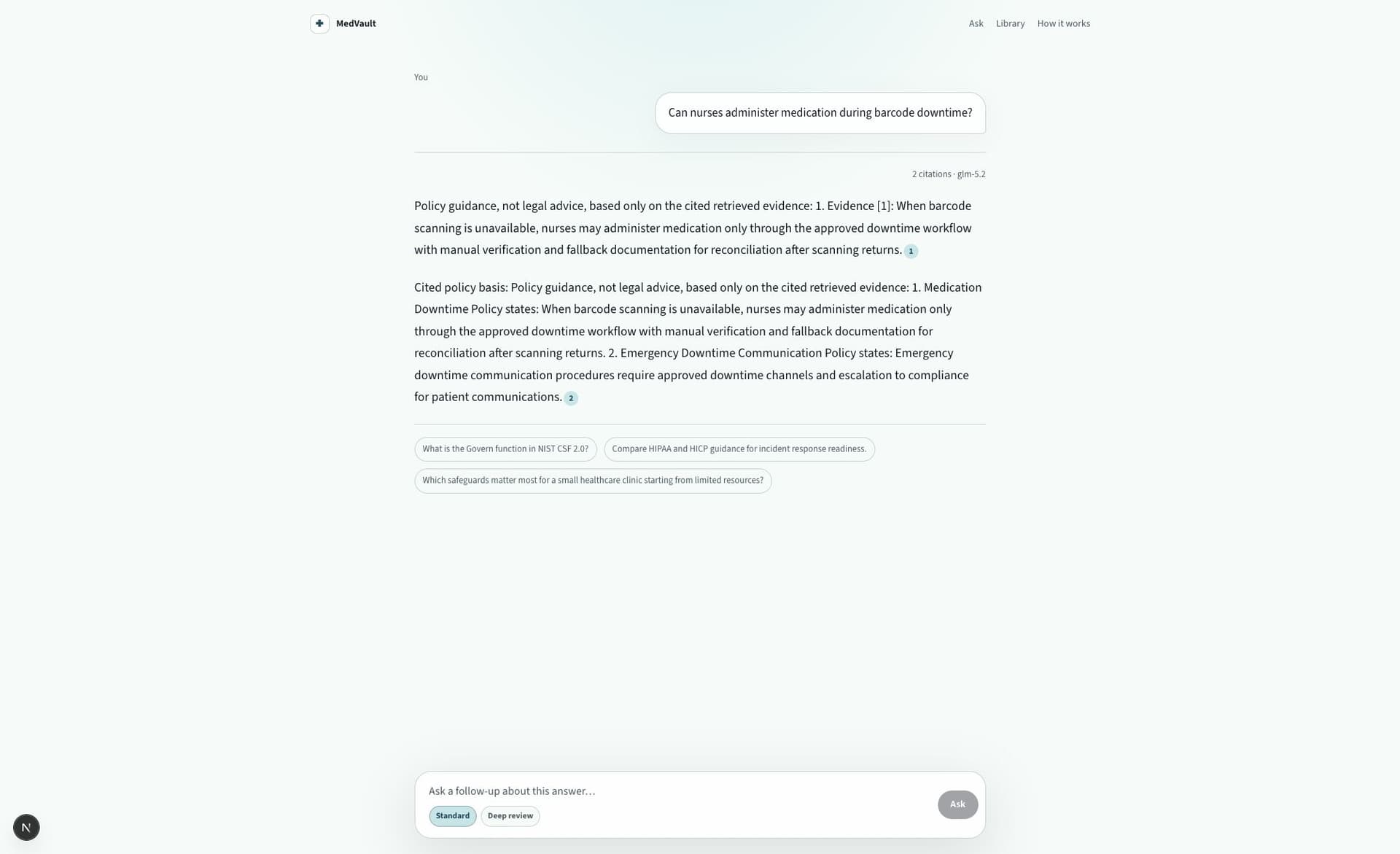 MedVault cited answer screen