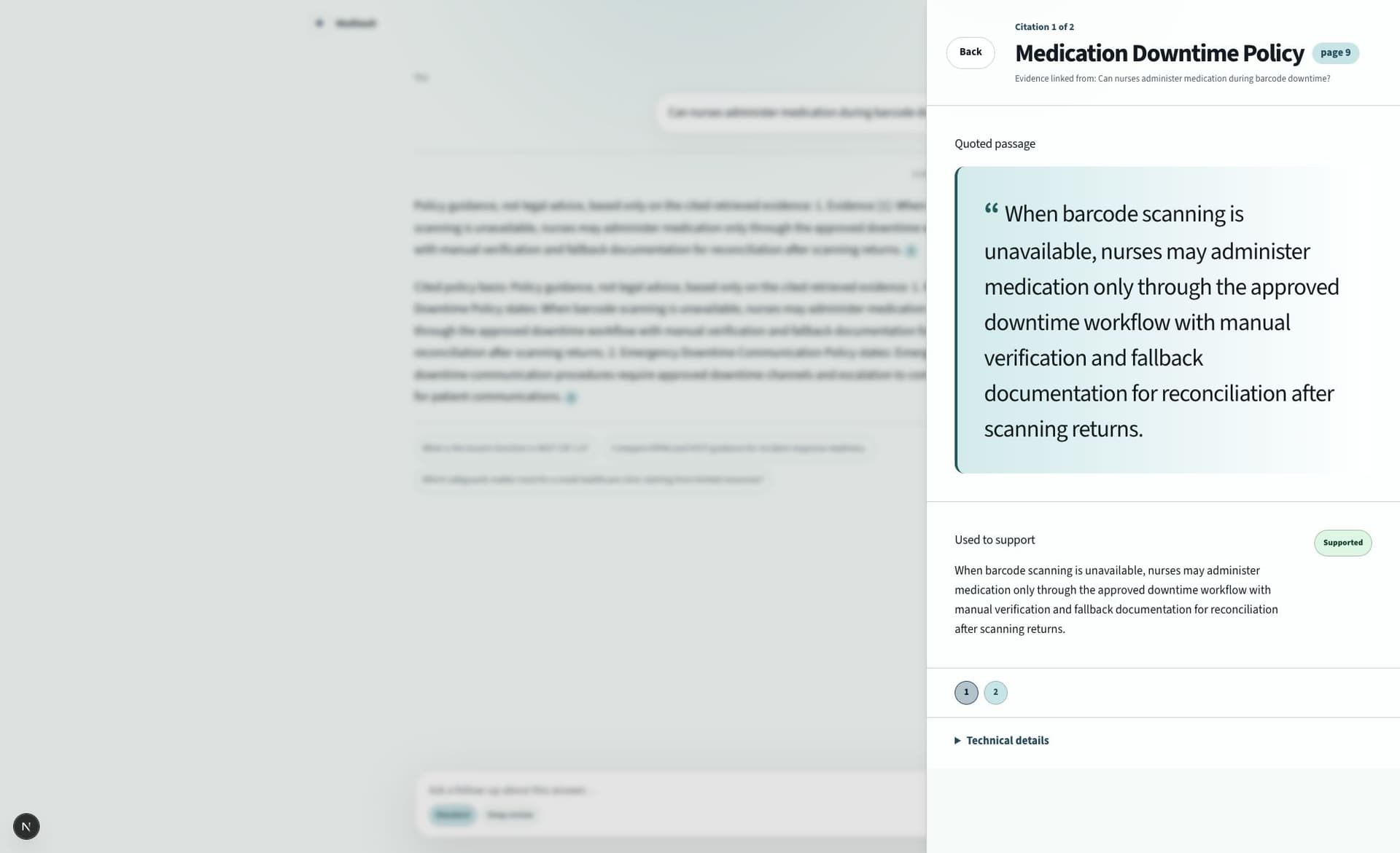 MedVault source drawer showing quoted policy evidence